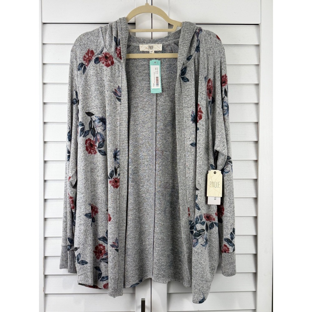 Pinque Hooded Cardigan XXL Grey Floral Brushed Knit Open Front NEW